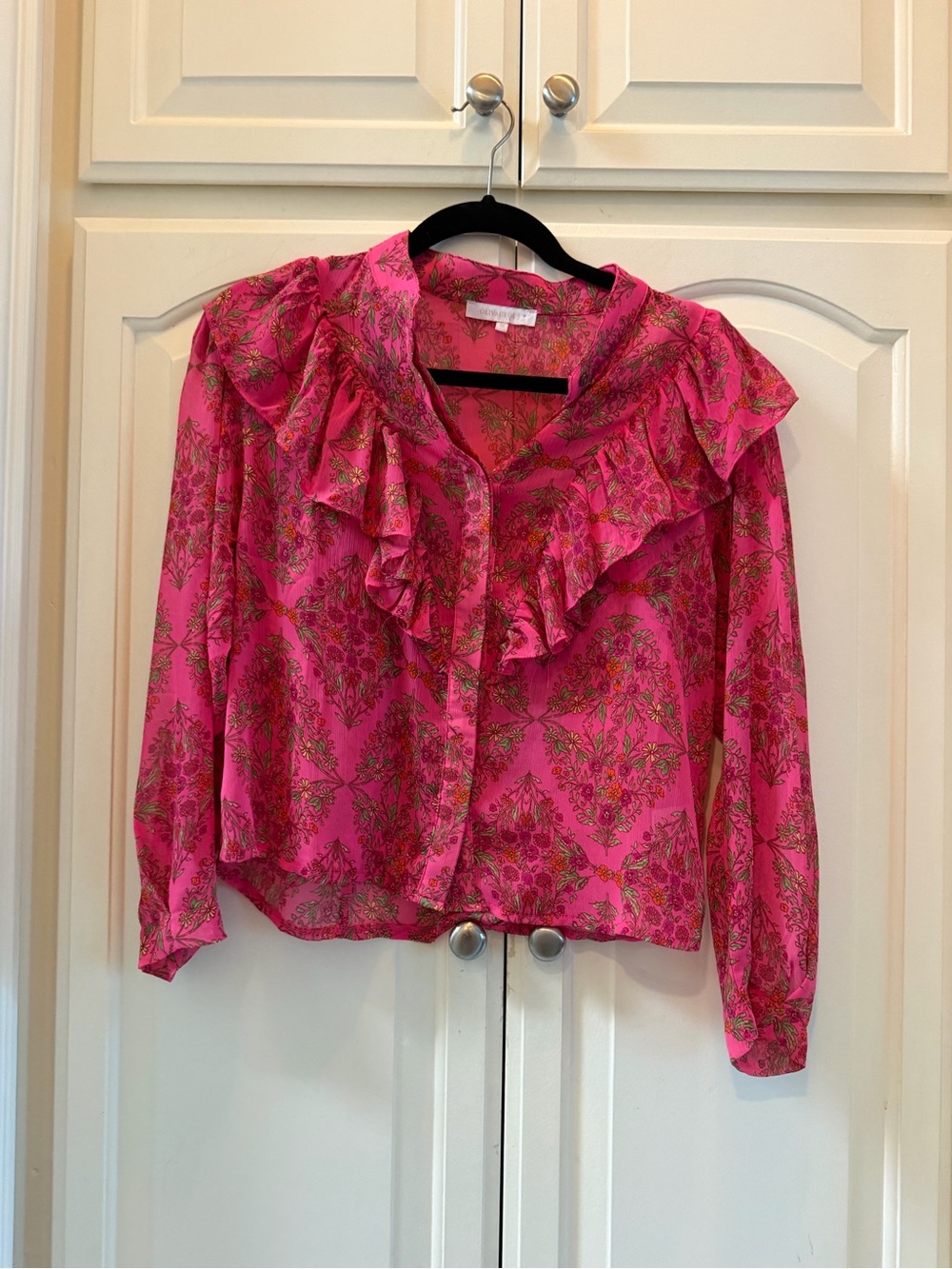 Olivaceous Pink Floral Ruffled Button-Front Blouse